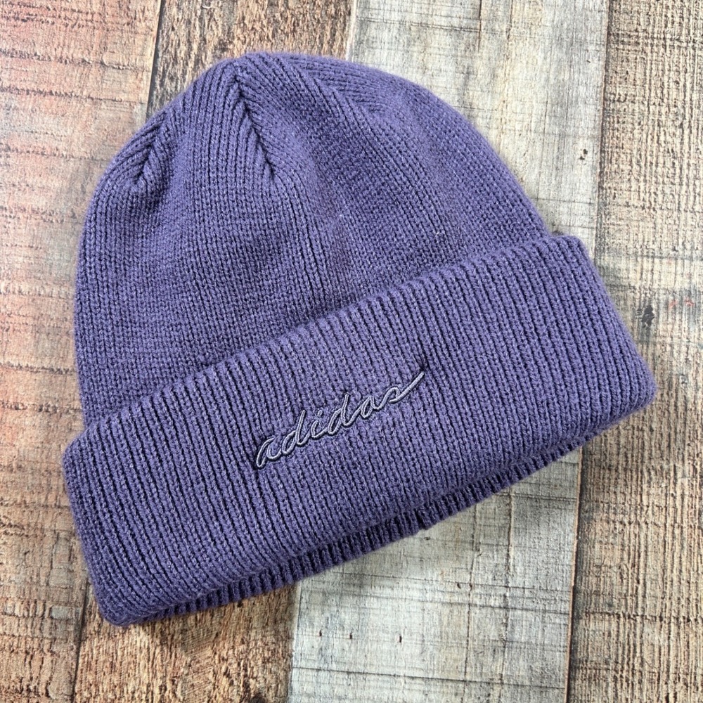 Adidas Purple Knit Beanie Script Logo Cuffed Winter Hat Skater Streetwear OSFM